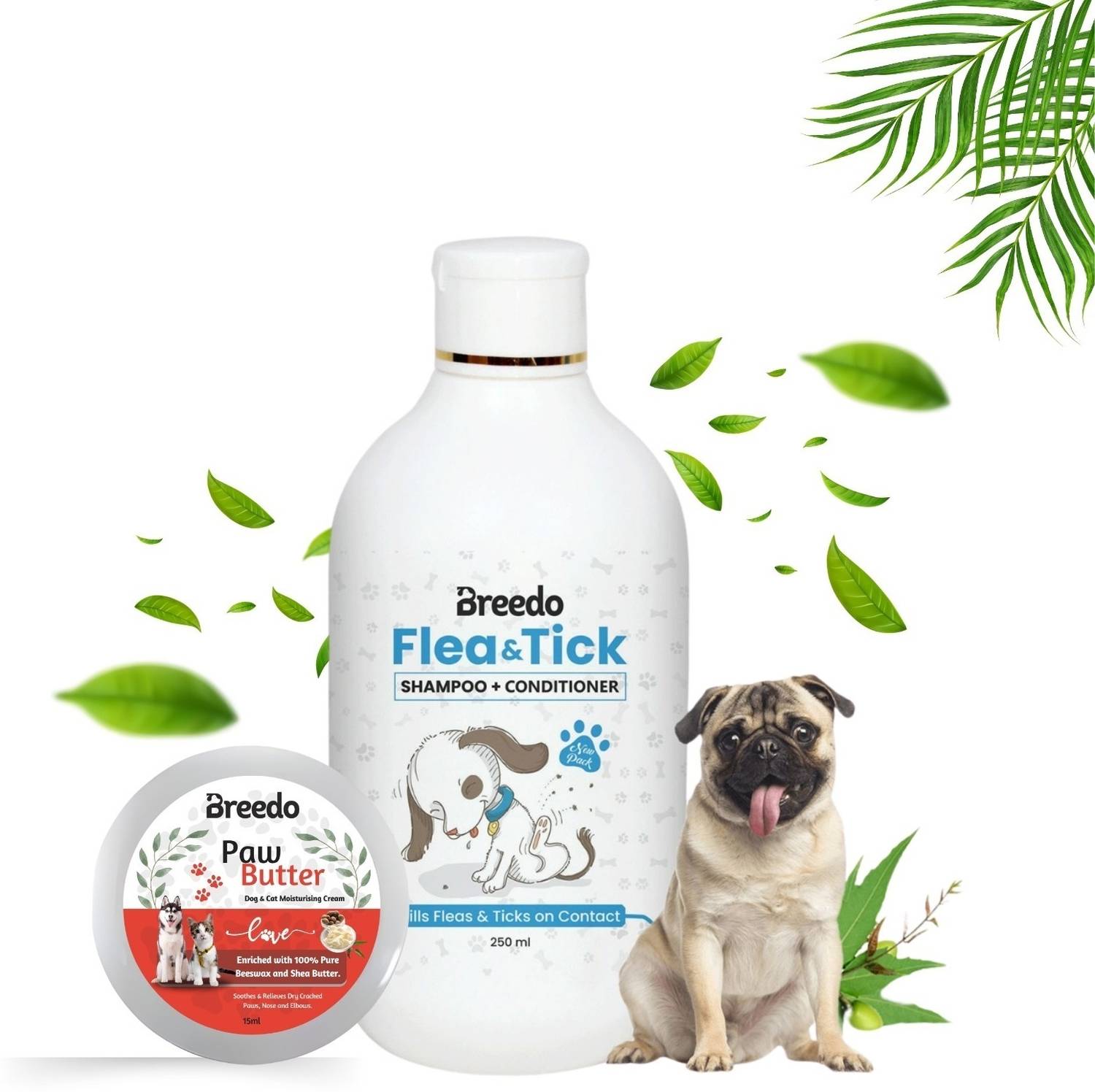 Breedo Dog & Cat Flea-Tick Shampoo(250ml)+Paw Butter Moisturizing & Soft Cream(15ml)| Allergy Relief, Conditioning, Anti-fungal, Anti-microbial, Anti-itching || Paw Butter Effective to Heal, Repair, Soften, Dry, Cracked, Paws & Elbows|| Dog Shampoo