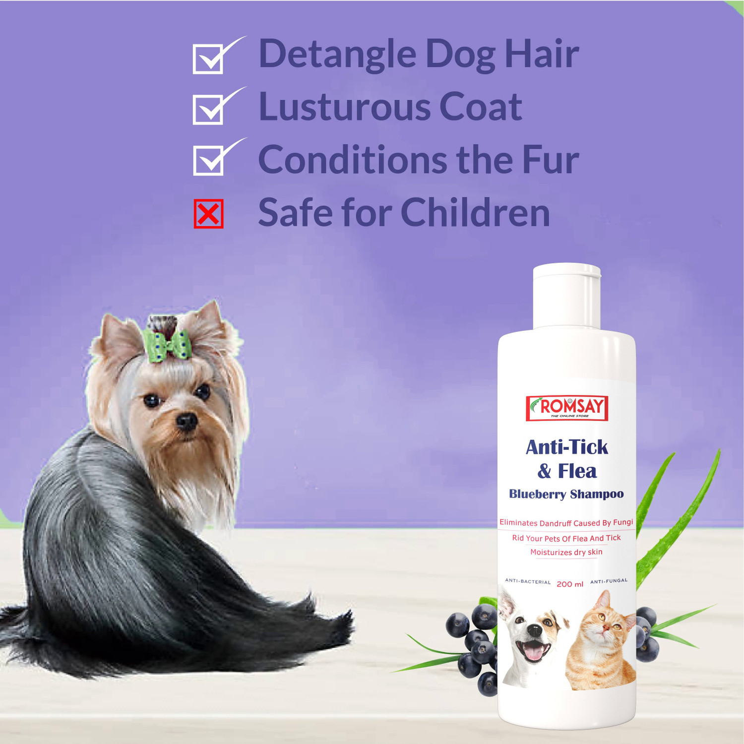 Image of ROMSAY Anti-Tick & Flea Shampoo For Dogs & Cats 200ML Pack Of 2 With Bath Brush Flea and Tick, Allergy Relief, Anti-fungal, Anti-itching, Anti-dandruff, Hypoallergenic Fresh Notes, Blueberry Dog Shampoo
