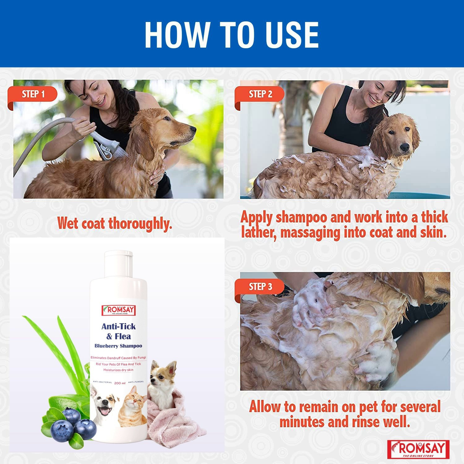 Image of ROMSAY Anti-Tick & Flea Shampoo For Dogs & Cats 200ML Pack Of 2 With Bath Brush Flea and Tick, Allergy Relief, Anti-fungal, Anti-itching, Anti-dandruff, Hypoallergenic Fresh Notes, Blueberry Dog Shampoo