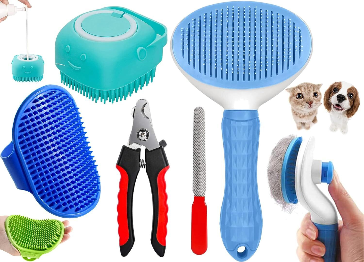 Image of Doggifys 4-in-1 Pet Grooming Kit - Slicker Brush, Nail Clipper, Silicone Bath Brush Set Pet Spa Kit