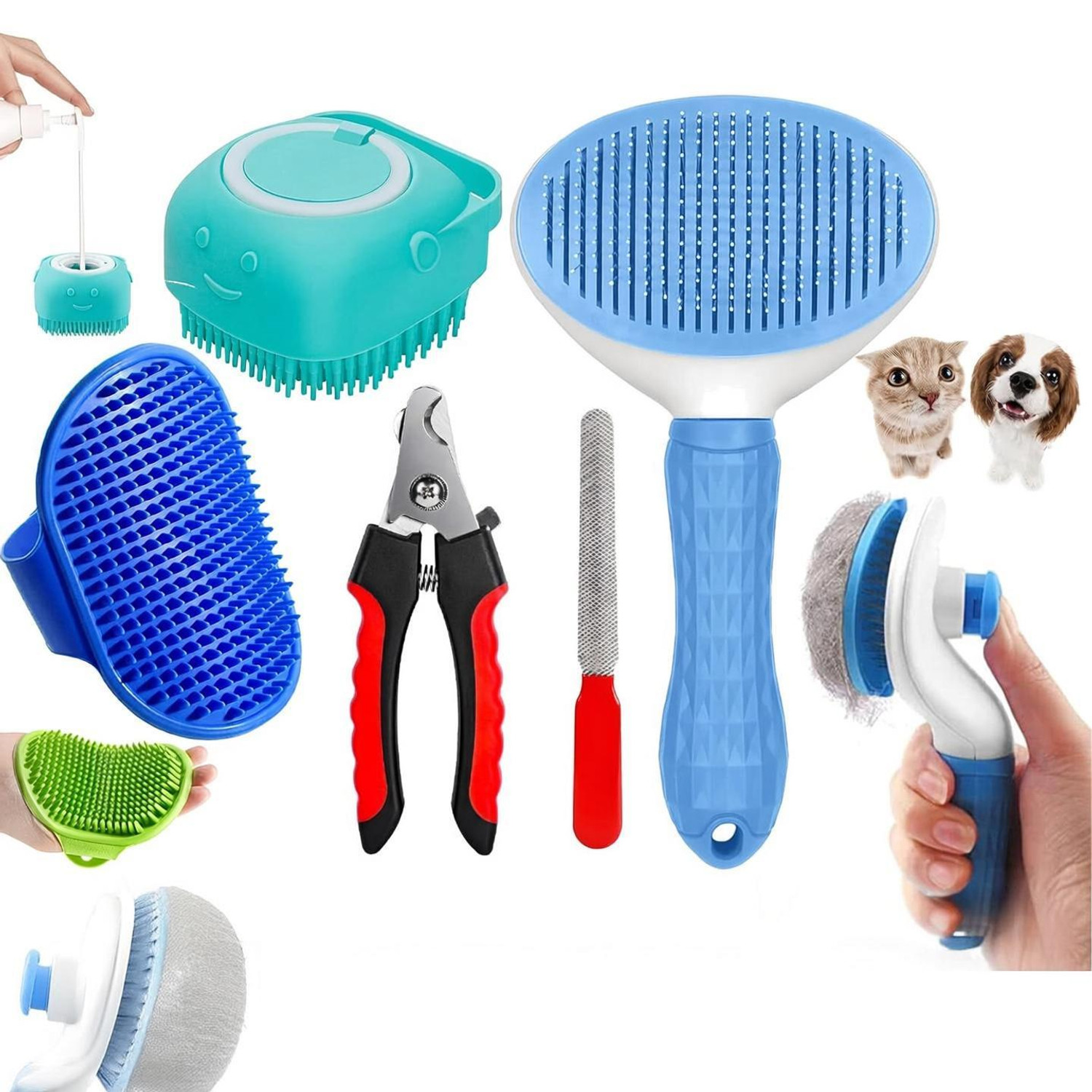 Doggifys 4-in-1 Pet Grooming Kit – Slicker Brush, Nail Clipper, Silicone Bath Brush Set Pet Spa Kit