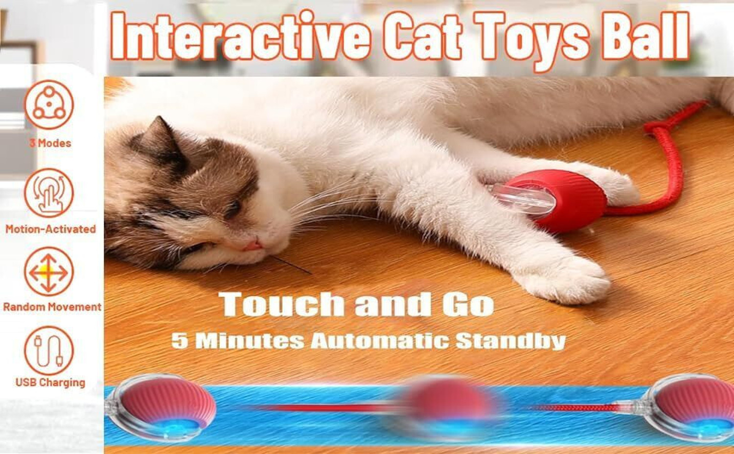 Image of decorvaiz 360 Smart Automatic Ball Cat Toys Ball for Indoor Cats Fast Rolling on Carpet Silicone, Plastic Chew Toy For Dog & Cat