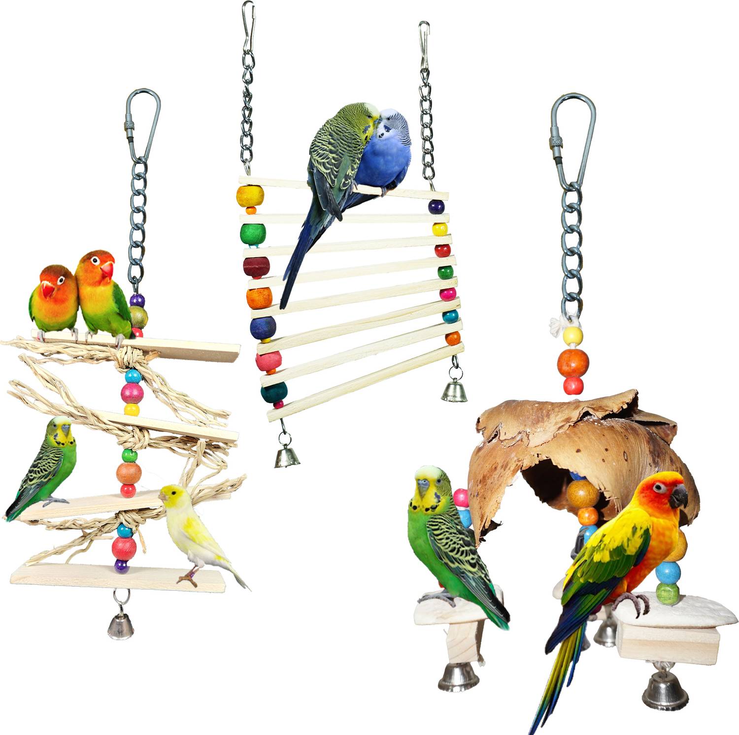 Addy ADDY BIRD TOY | Set of 3 | Cuttlebone | Bird Treat | Foraging | Wooden Perch, Ball, Bone, Chew Toy, Stick, Training Aid For Bird