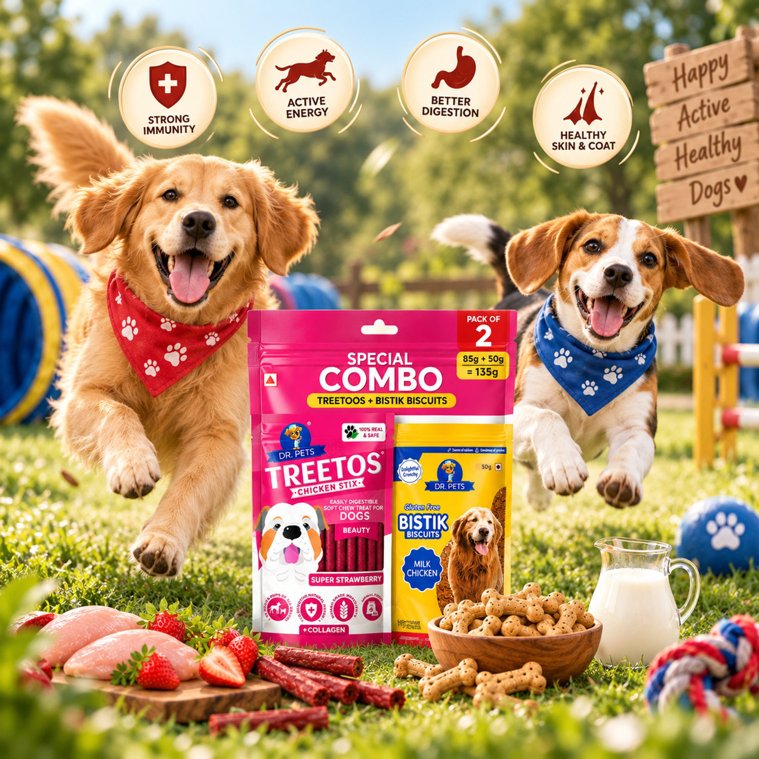 Image of Dr. Pets Combo Treetos Stix Super Strawberry 85g + Bistik Milk Chicken Biscuits 50g Strawberry, Milk, Chicken Dog Treat