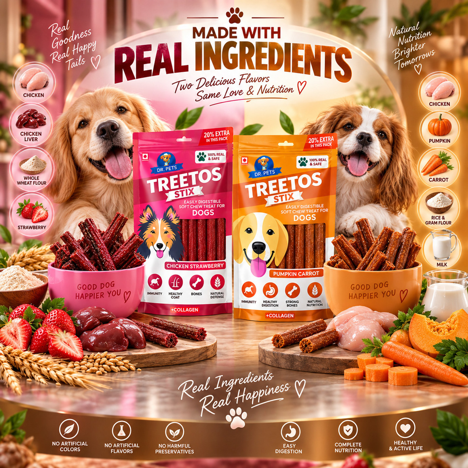 Image of Dr. Pets Combo Treetos Stix Super Strawberry 85g + Bistik Milk Chicken Biscuits 50g Strawberry, Milk, Chicken Dog Treat