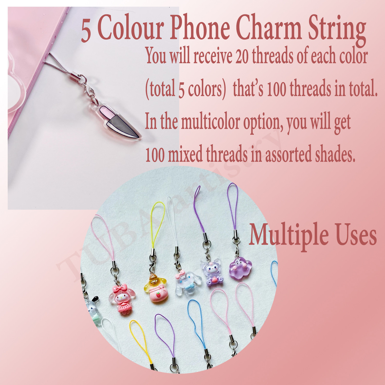 Image of TUBA artistry Phone Charm Strings 100 Pcs Mix Colour| Phone Charm Thread | Cell Phone Strap Phone Charm