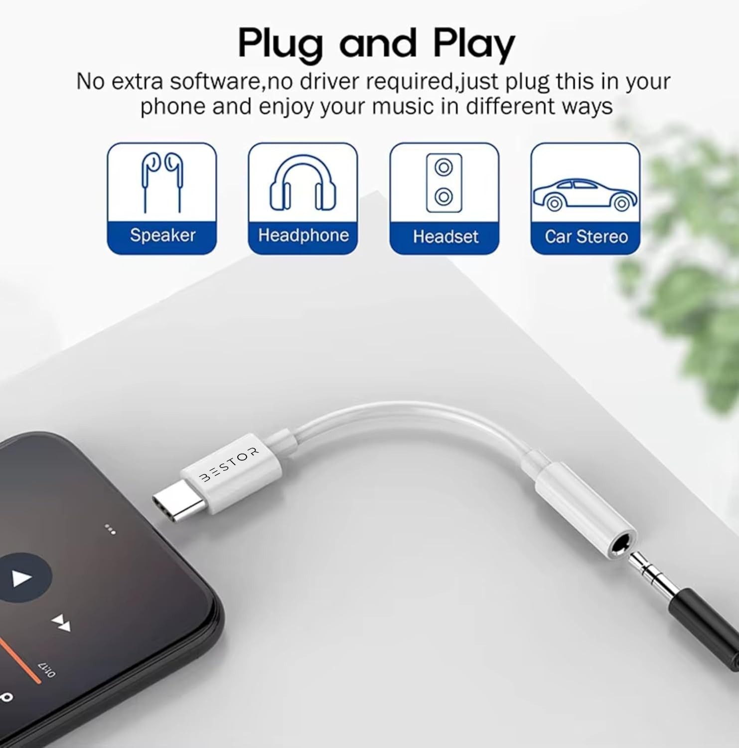 Image of Bestor White USB-C to 3.5mm Audio Jack Converter, Plug & Play Hi-Fi DAC Adapter Phone Converter
