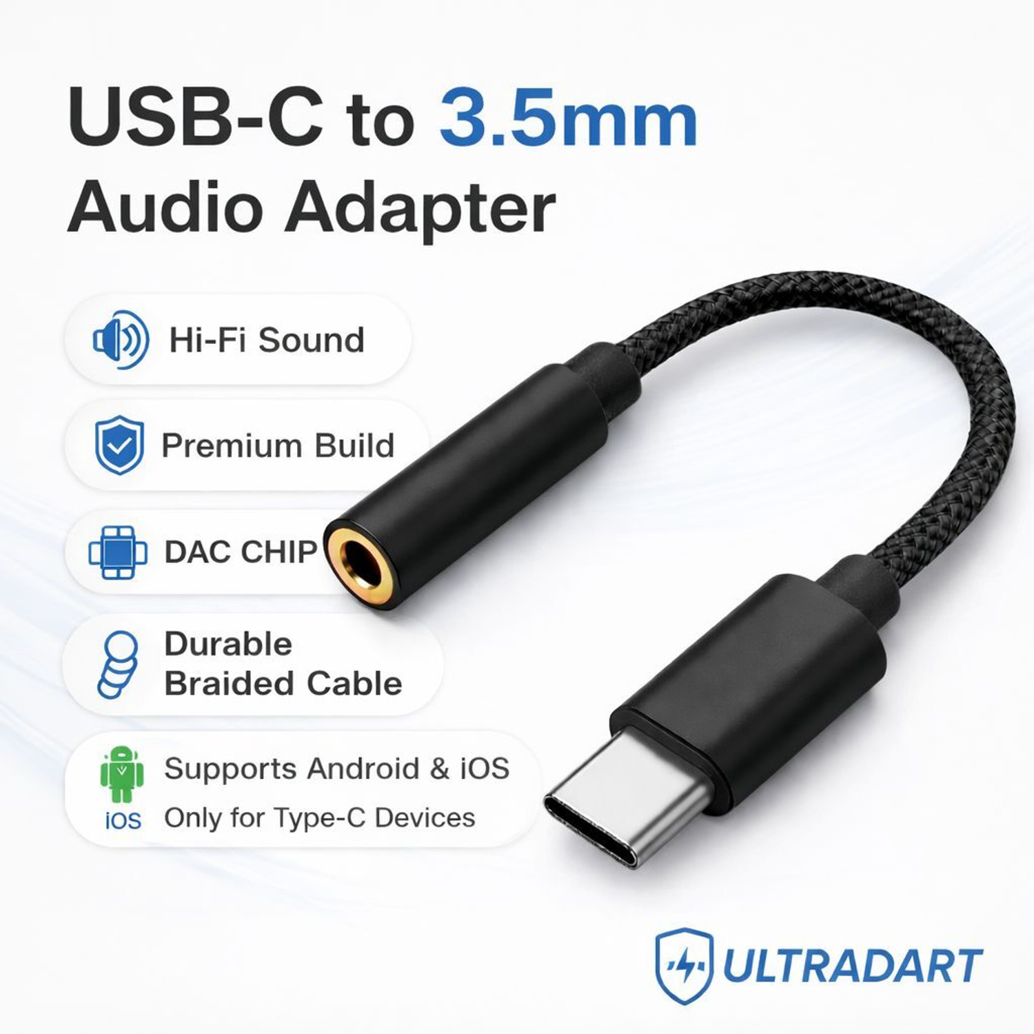 Image of ULTRADART Black Type C to 3.5mm Audio Jack Adapter for Music & Calling Phone Converter
