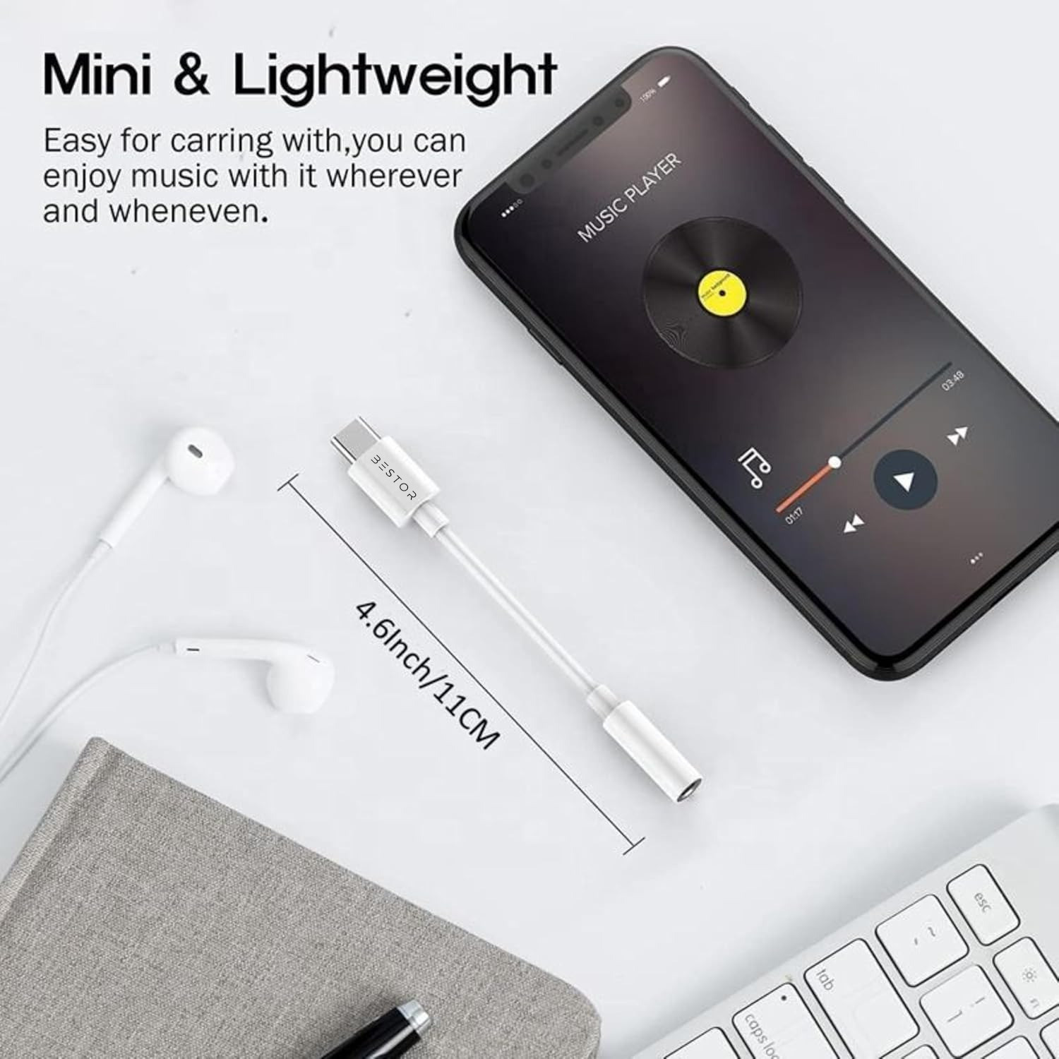 Image of Bestor White USB-C to 3.5mm Audio Jack Converter, Plug & Play Hi-Fi DAC Adapter Phone Converter