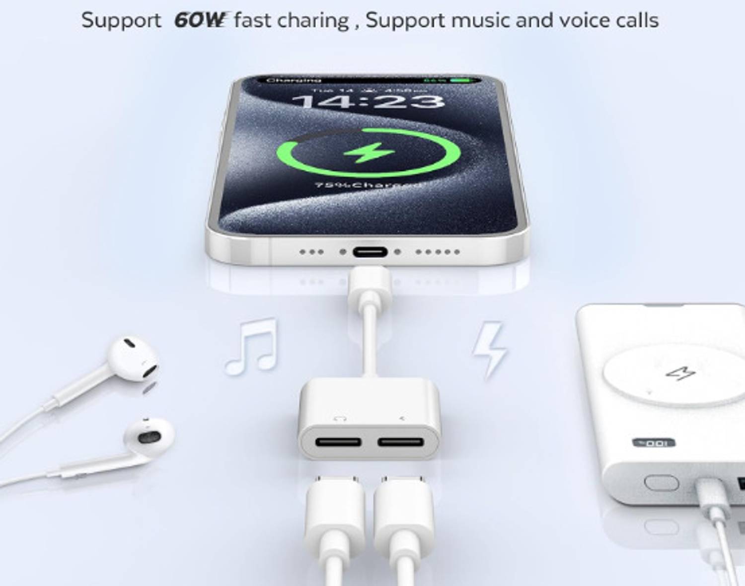 TECHGEAR White USB C Splitter 1 in 2 Out Headphone Adapter - Image 2