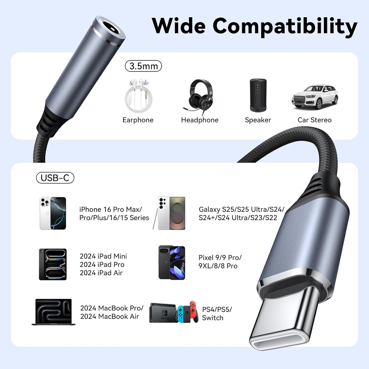 Image of MIFKRT Multicolor Type C to 3.5mm Headphone Jack Adapter with DAC Chip for Music & Calling Phone Converter
