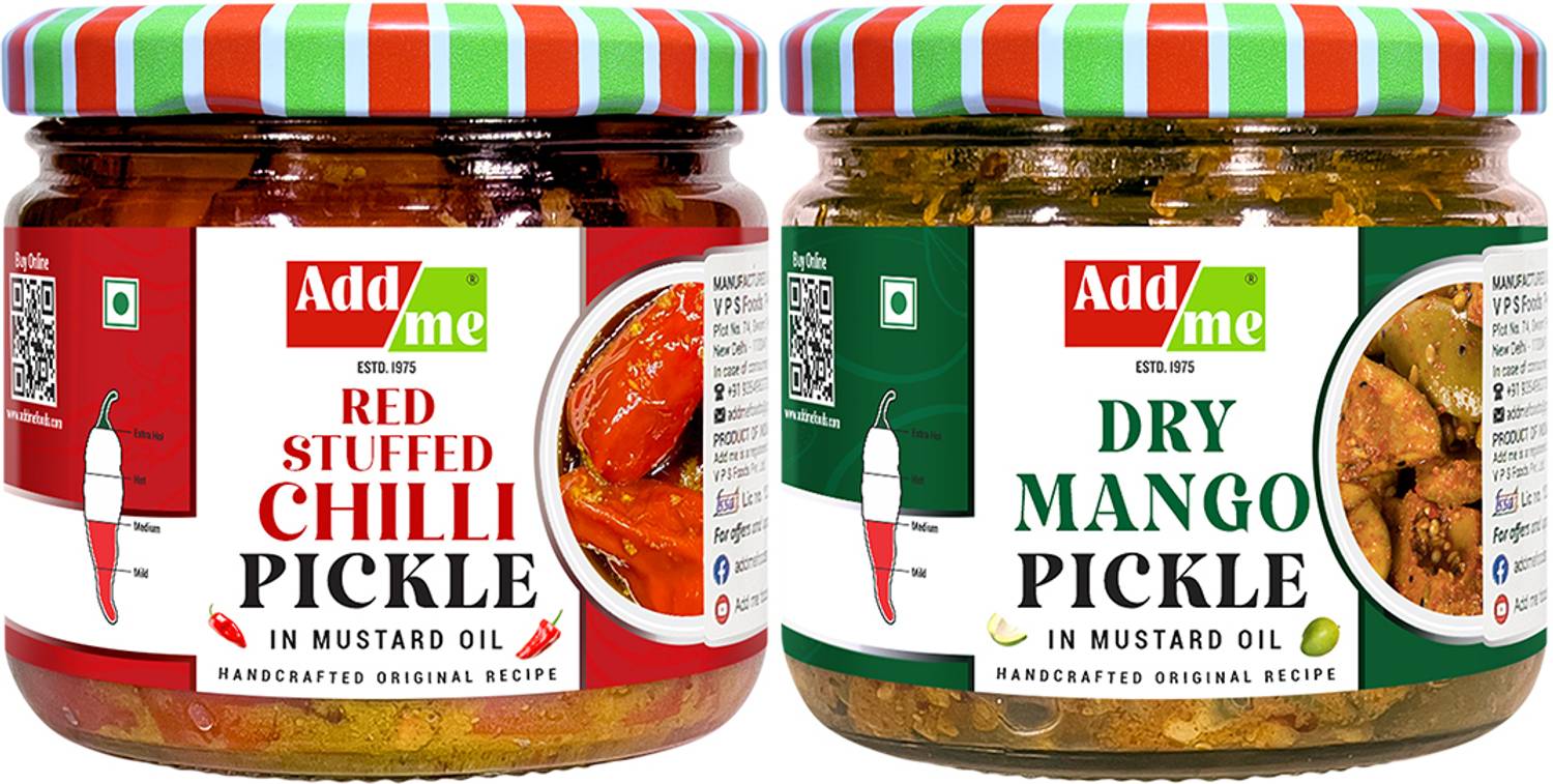 Add me Dry Mango Pickle 300gm & Red Stuffed chilli Pickle 300gm Combo Pack Glass Jar Mango Pickle