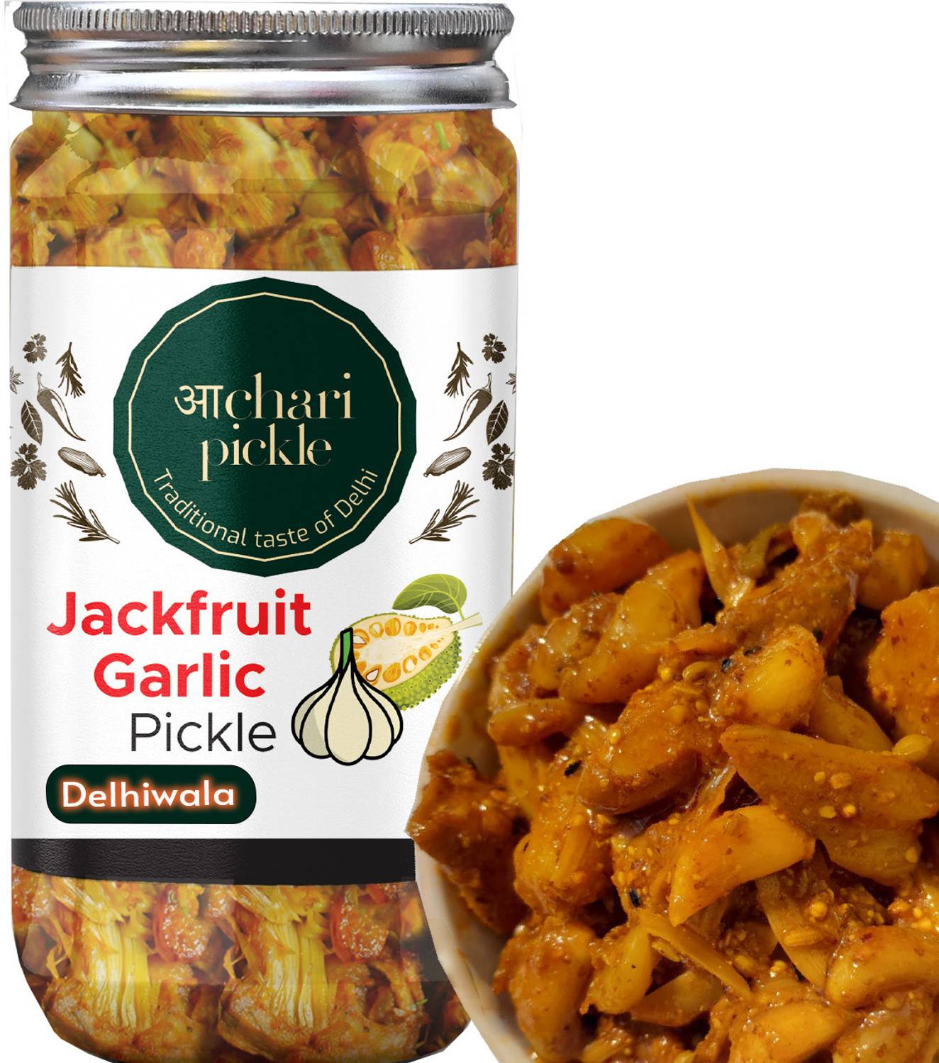 ACHARI PICKLES Delhiwala Kathal & Lehsun Ka Achar-400 gm- Homemade Jackfruit Greenchilli Pickle Jackfruit Pickle
