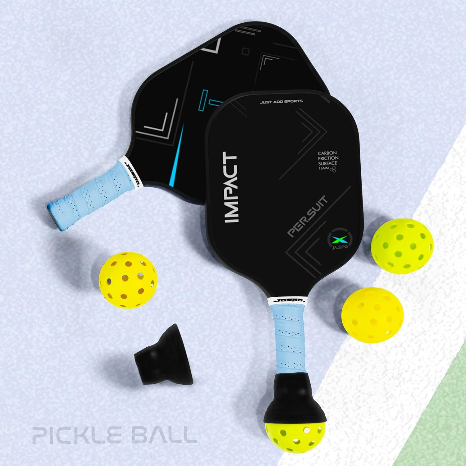Image of Jaspo Impact 16mm Pickleball Set: 2 Paddles, 4 Balls, Bag, PP Core, TPU Edge Pickleball Paddle