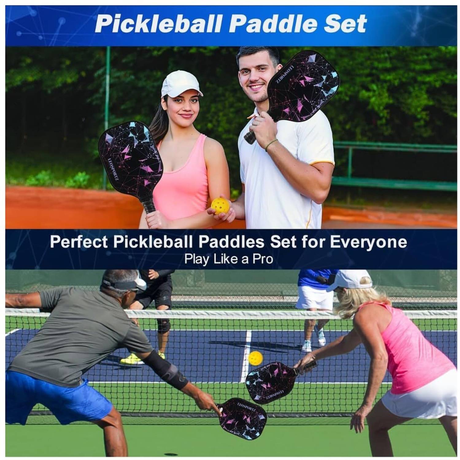 Leosportz 13mm Pickleball Paddles Kit with 4 Balls & Portable Bag