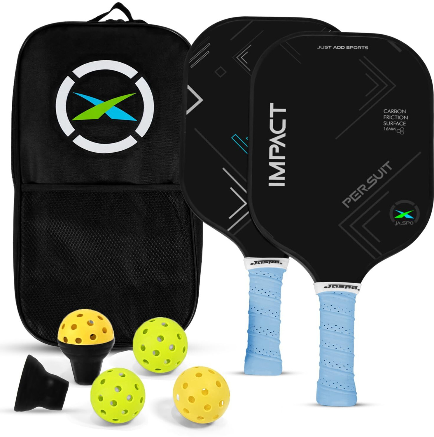 Image of Jaspo Impact 16mm Pickleball Set: 2 Paddles, 4 Balls, Bag, PP Core, TPU Edge Pickleball Paddle