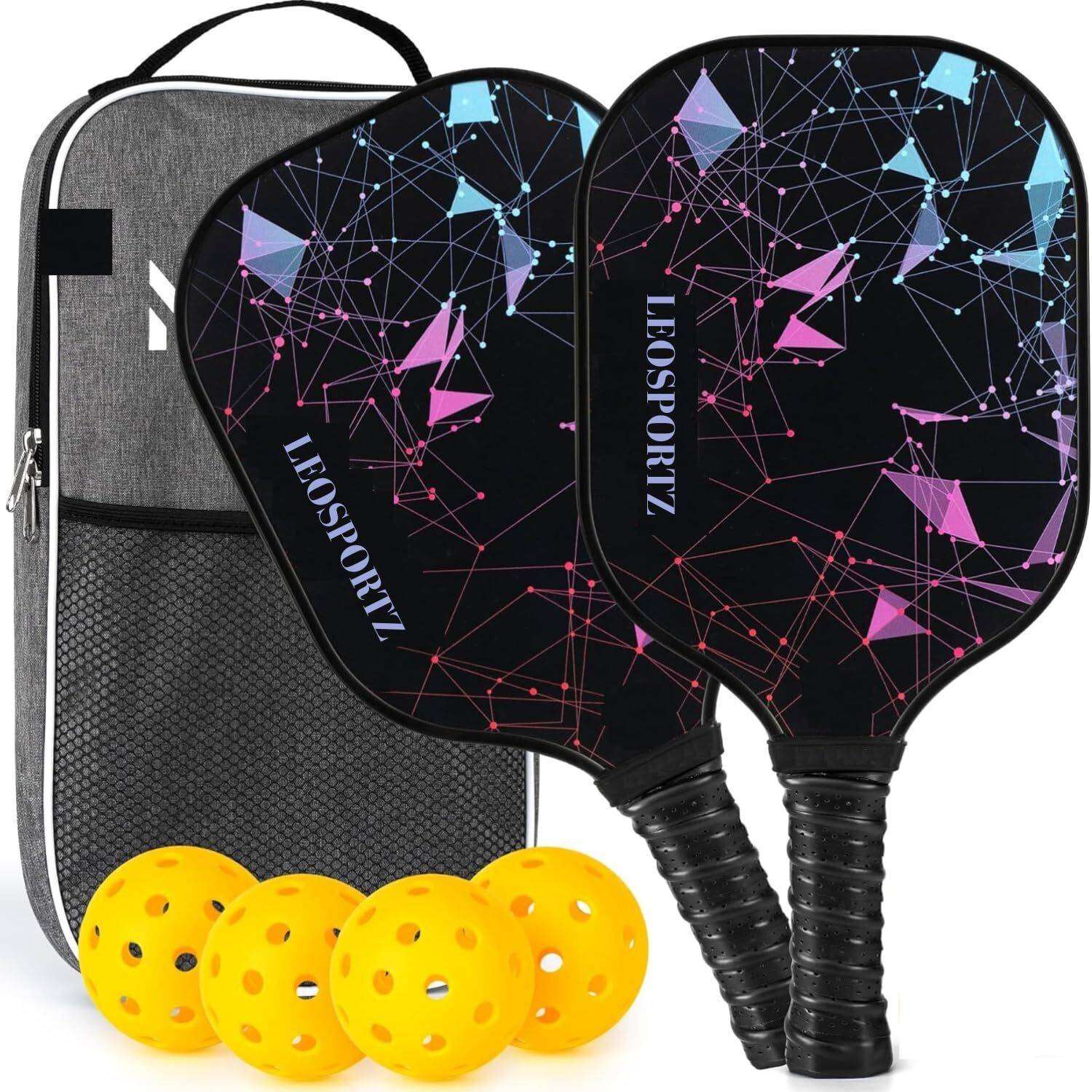 Leosportz 13mm Pickleball Paddles Kit with 4 Balls & Portable Bag