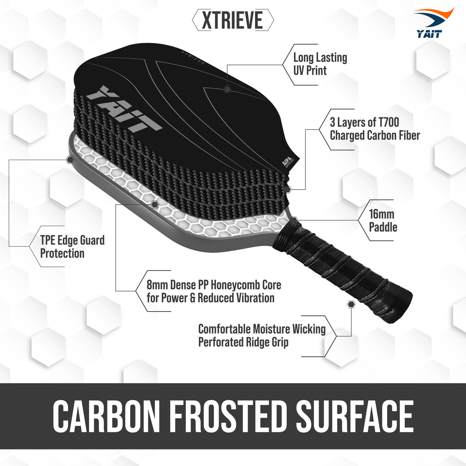Image of Yait Sports Xtrieve Pickleball Paddle | T700 Carbon Fiber Frosted Surface | AIPA Approved Pickleball Paddle