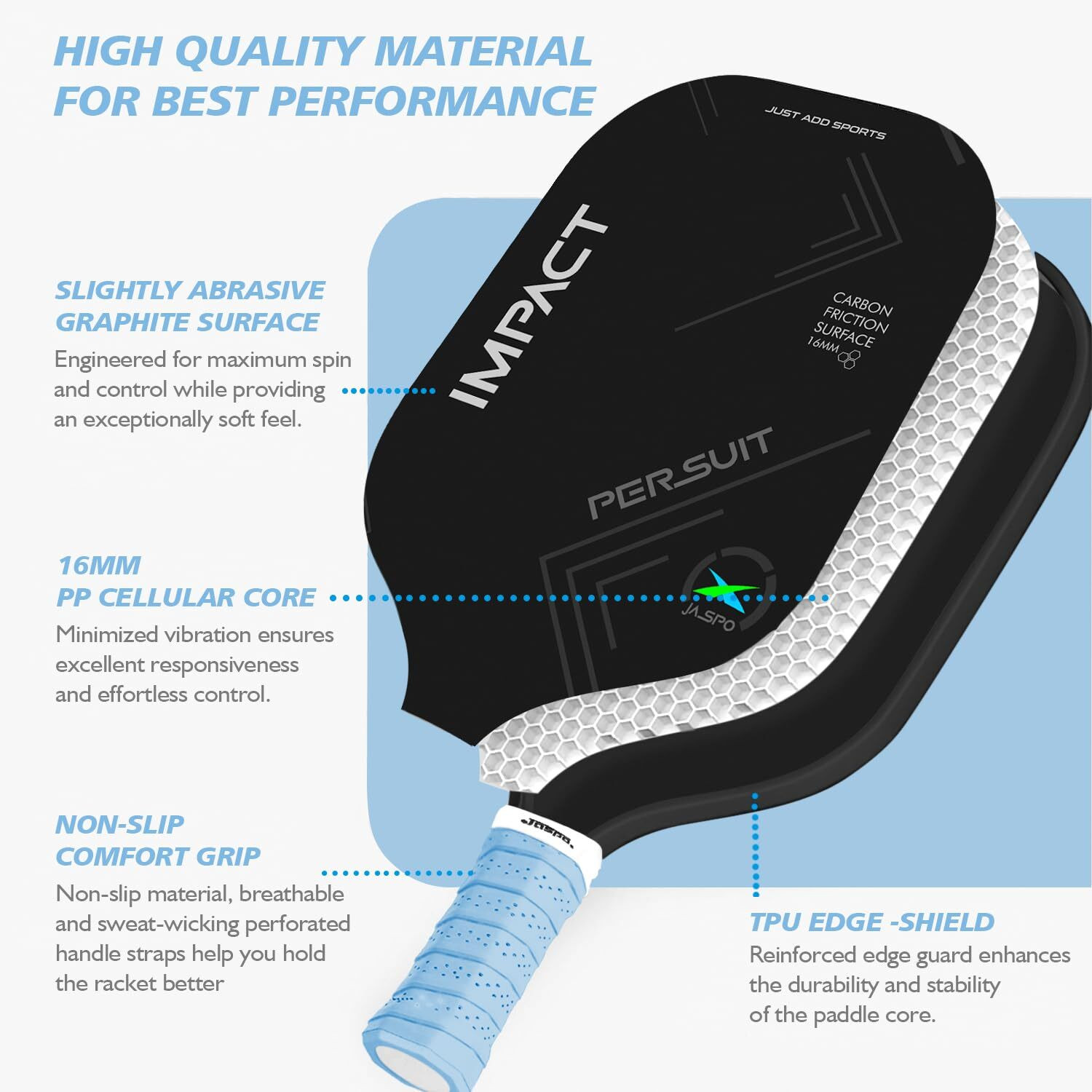 Image of Jaspo Impact 16mm Pickleball Set: 2 Paddles, 4 Balls, Bag, PP Core, TPU Edge Pickleball Paddle