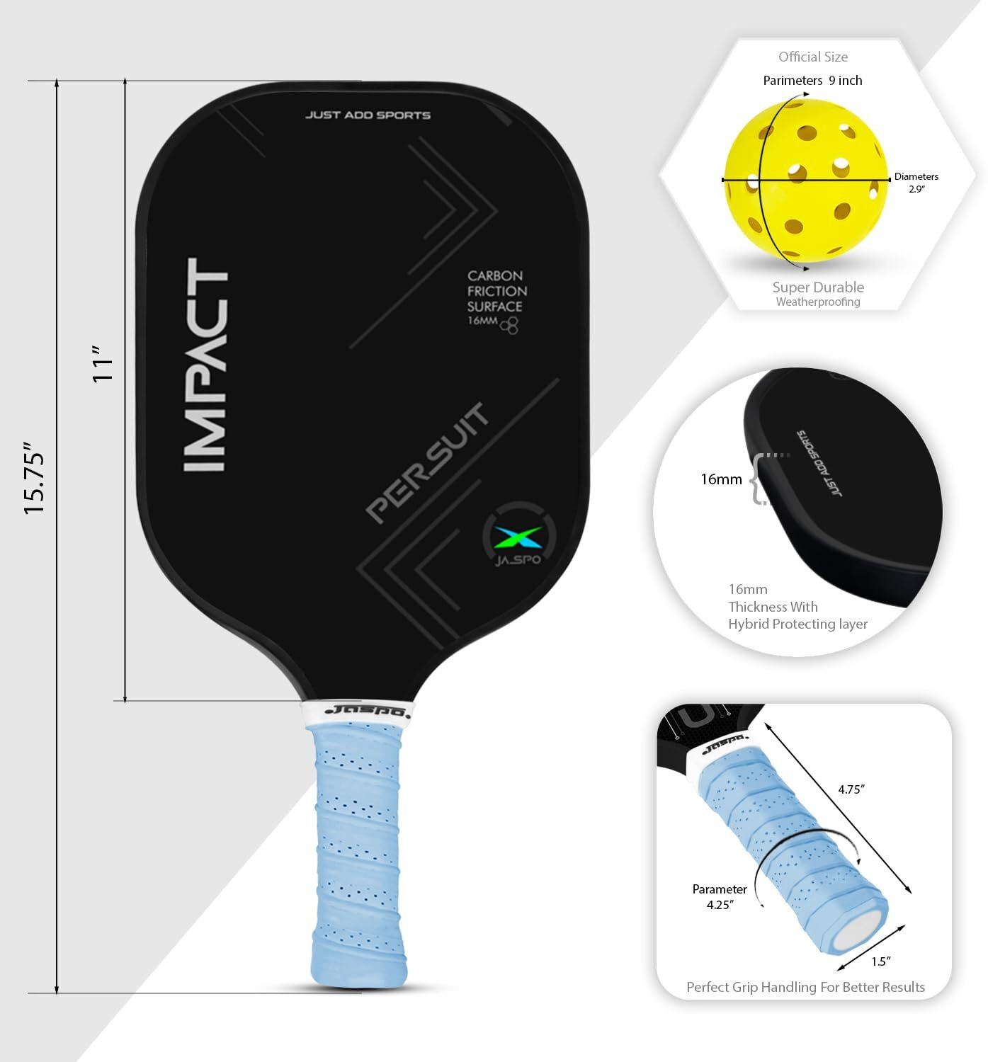 Image of Jaspo Impact 16mm Pickleball Set: 2 Paddles, 4 Balls, Bag, PP Core, TPU Edge Pickleball Paddle