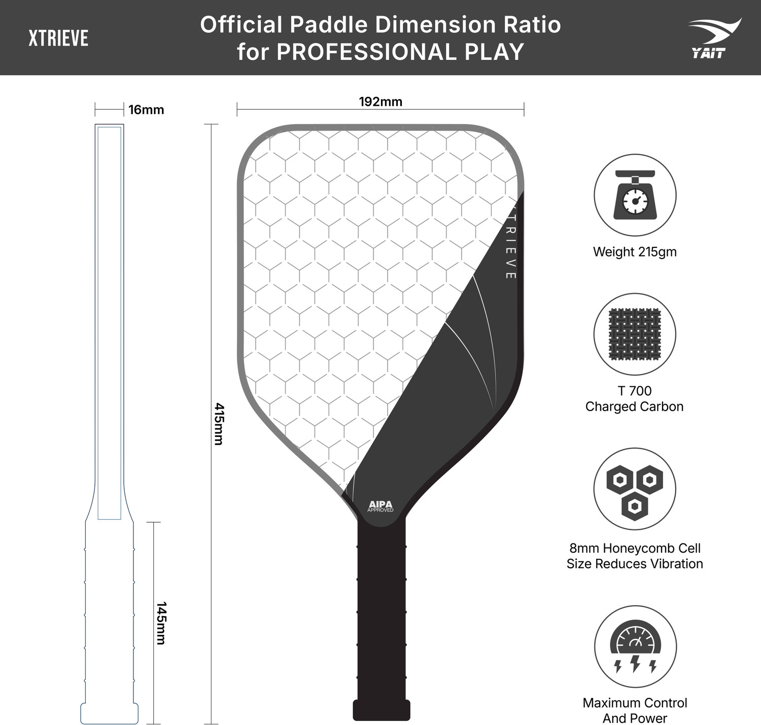 Image of Yait Sports Xtrieve Pickleball Paddle | T700 Carbon Fiber Frosted Surface | AIPA Approved Pickleball Paddle
