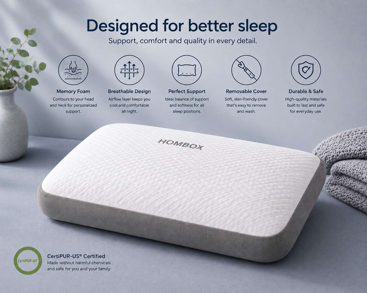 Image of HOMBOX Memory Foam Orthopaedic Pillow Pack of 1 Geometric Queen Size Memory Foam Pillow