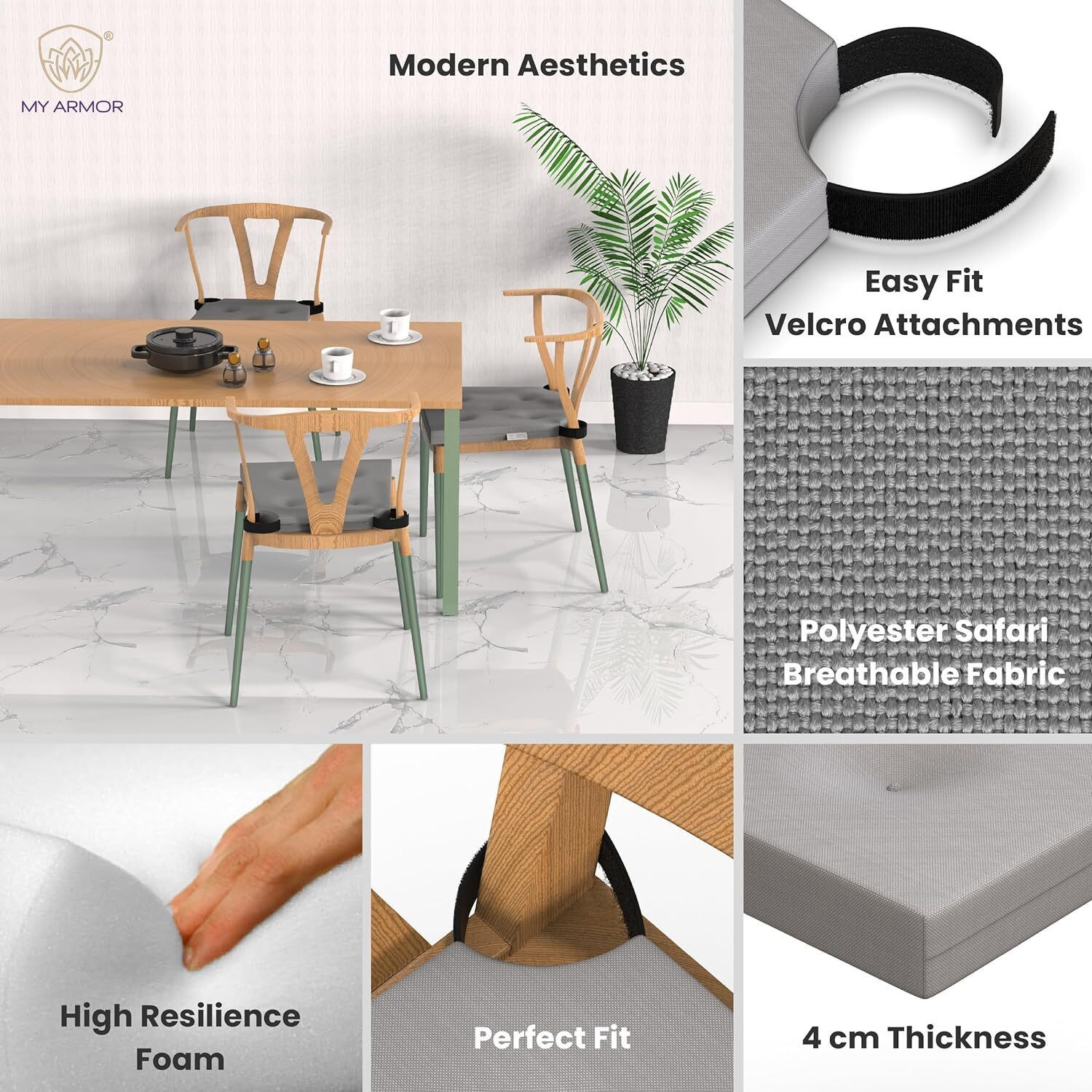 Image of MY ARMOR Foam Chair Pad Pack of 1 Stripes HR Foam Seat Cushion: Square, Velcro Fit, Soft & Comfortable for Chair Sitting