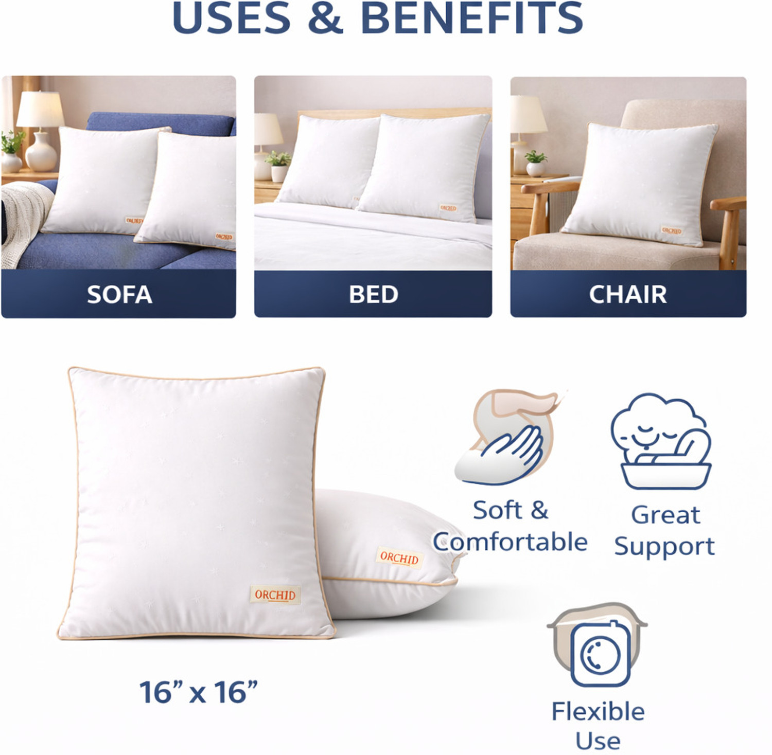 Image of Orchid Pillows Microfibre Cushion Pack of 2 Solid 16 x 16 (White)