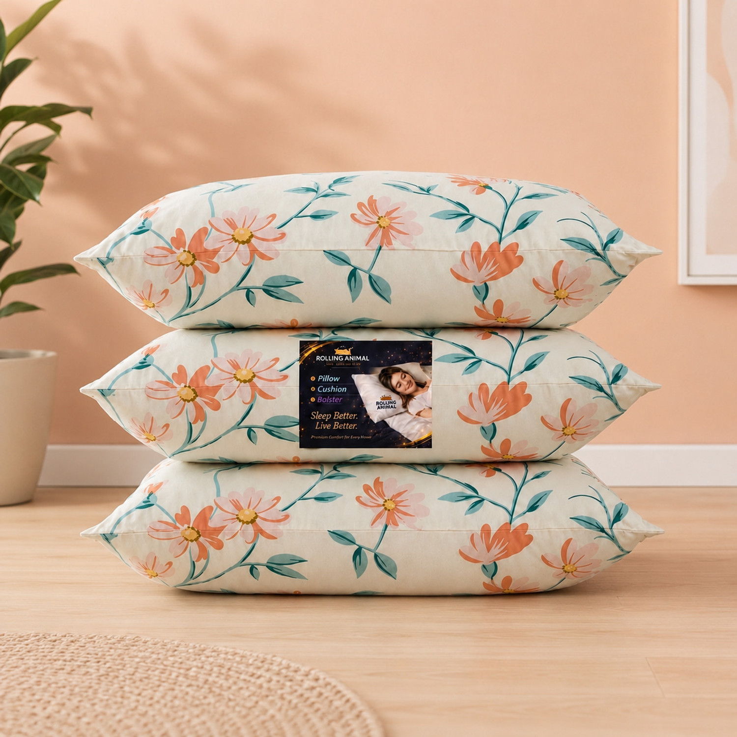Image of Rolling Animal Cotton Sleeping Pillow Pack of 3 Floral Luxury