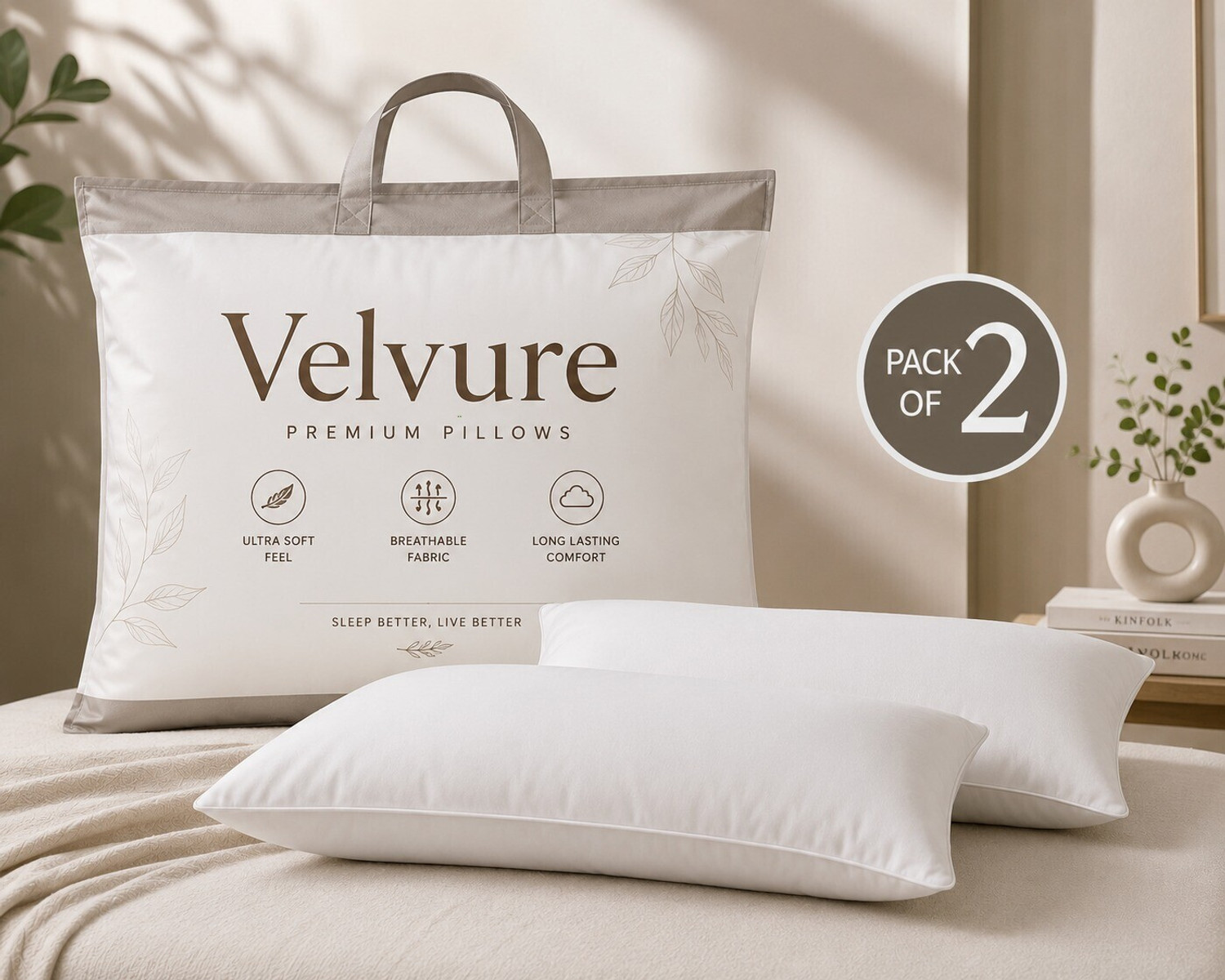 Image of velvure Microfibre Sleeping Pillow Pack of 2 Solid (White)