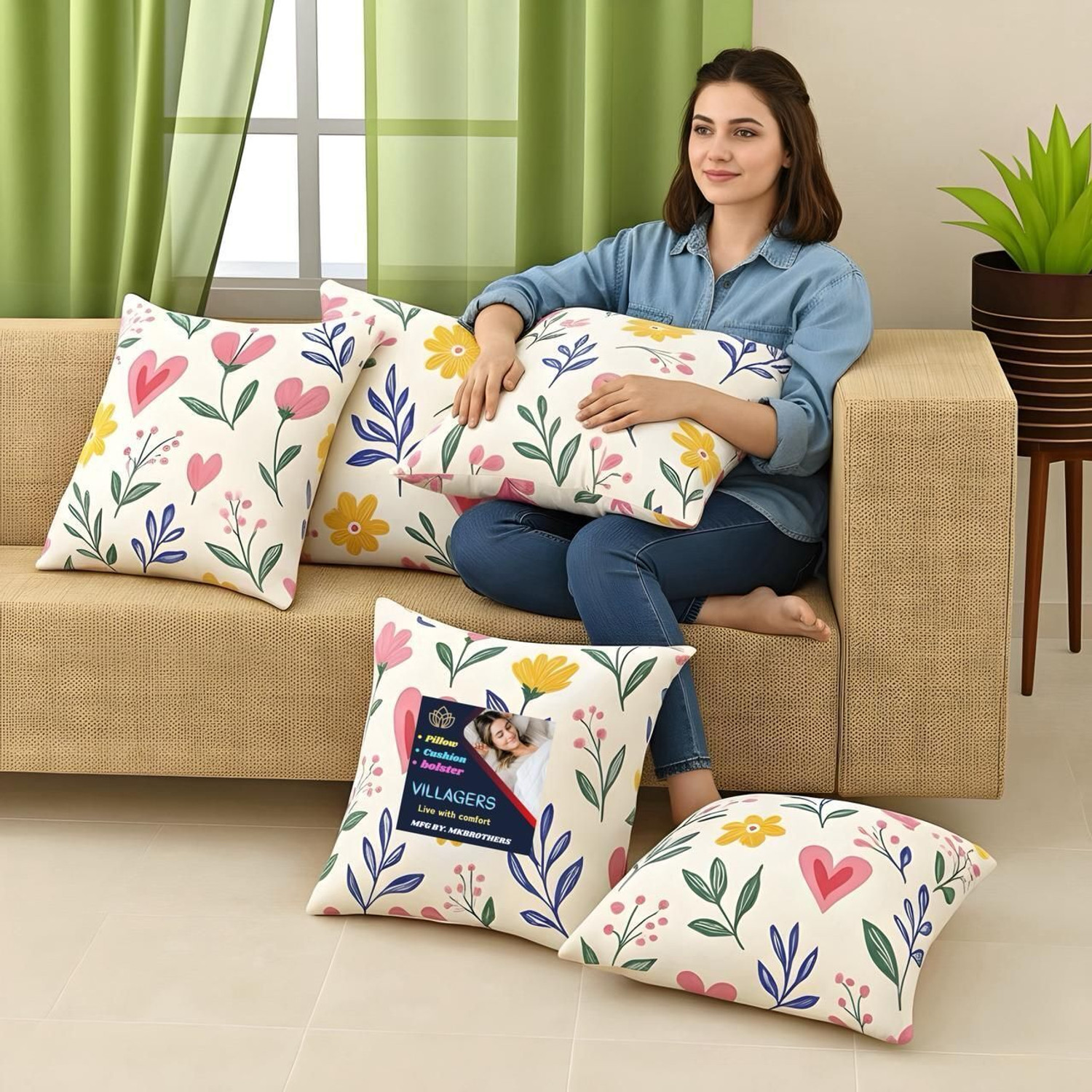 Image of VILLAGERS Microfibre Cushion Pack of 5 Floral Premium Cushion Set | (16x16 inch)