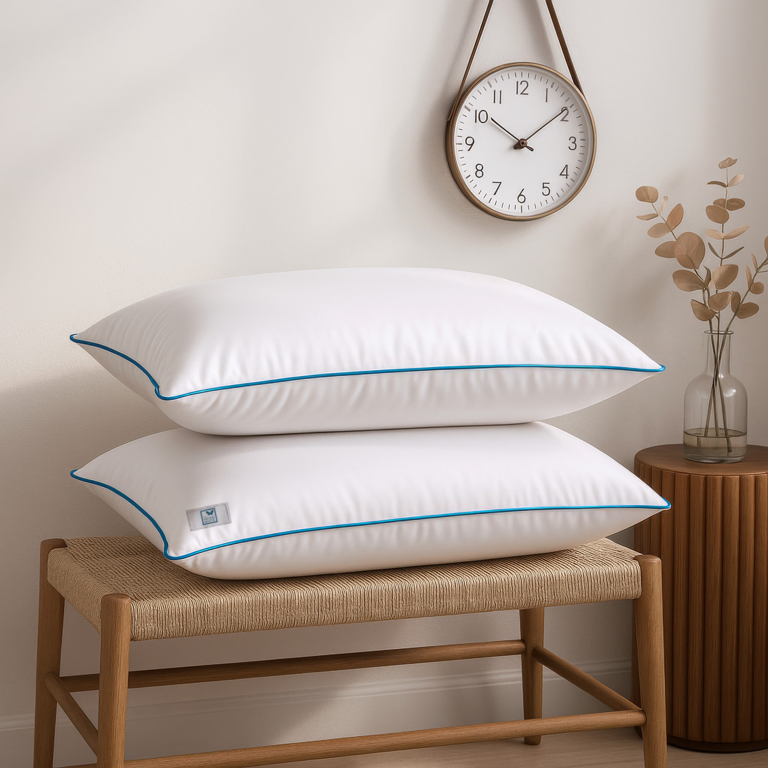 Image of THE WOOD WHITE INDIA Polyester Fibre Sleeping Pillow Pack of 2 Solid Basic White Pillow Set of 2 in 41 x 61 cm with Blue Border