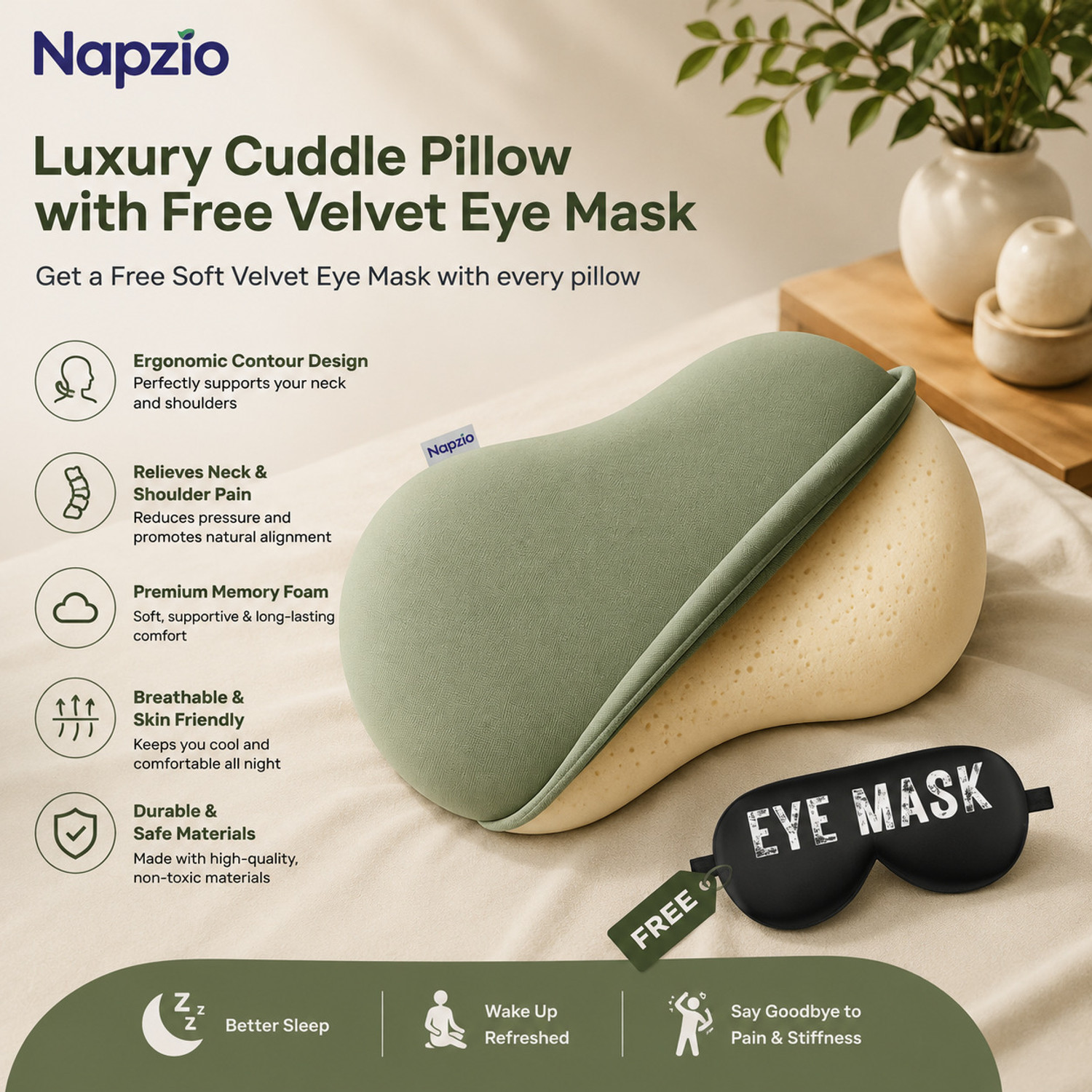 Image of Napzio Memory Foam Sleeping Pillow Pack of 1 Solid Napzio Contour Sleep Pillow