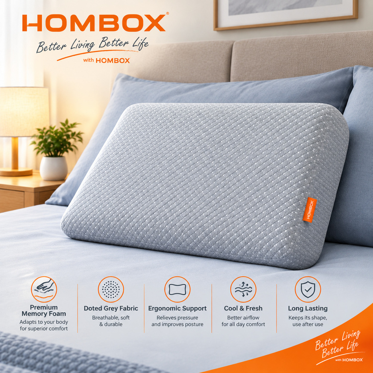 Image of HOMBOX Memory Foam Sleeping Pillow Pack of 2 Solid Memory Foam Pillow Doted Grey I 24x16x4 Inch (Grey)