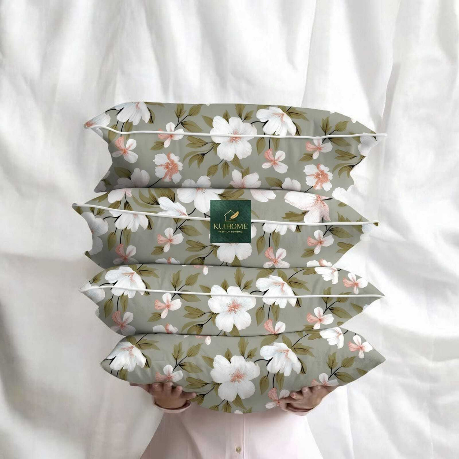 Image of kuihome Cotton Sleeping Pillow Pack of 4 Printed Cotton Sleeping Pillow with Floral Blossom Print | Soft & Comfortable Bed Pillow