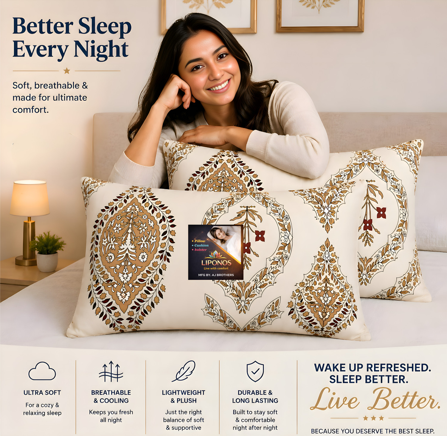 Image of LIPONOS Microfibre Sleeping Pillow Pack of 4 Floral Premium