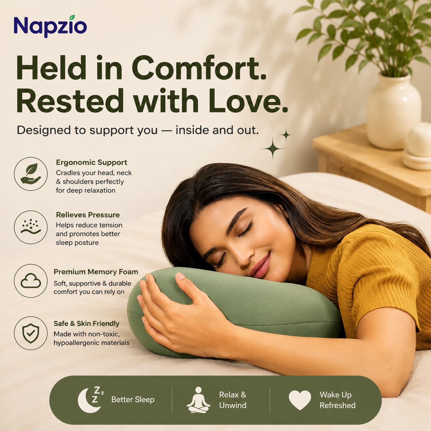 Image of Napzio Memory Foam Sleeping Pillow Pack of 1 Solid Napzio Contour Sleep Pillow