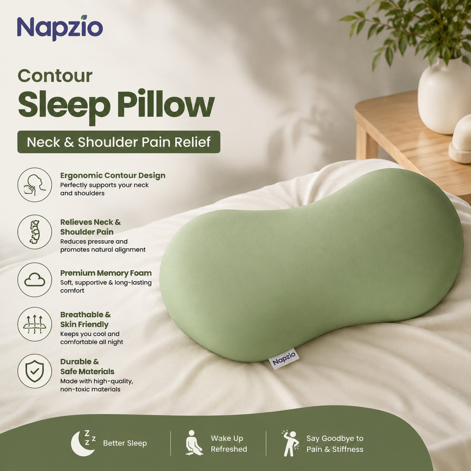 Image of Napzio Memory Foam Sleeping Pillow Pack of 1 Solid Napzio Contour Sleep Pillow