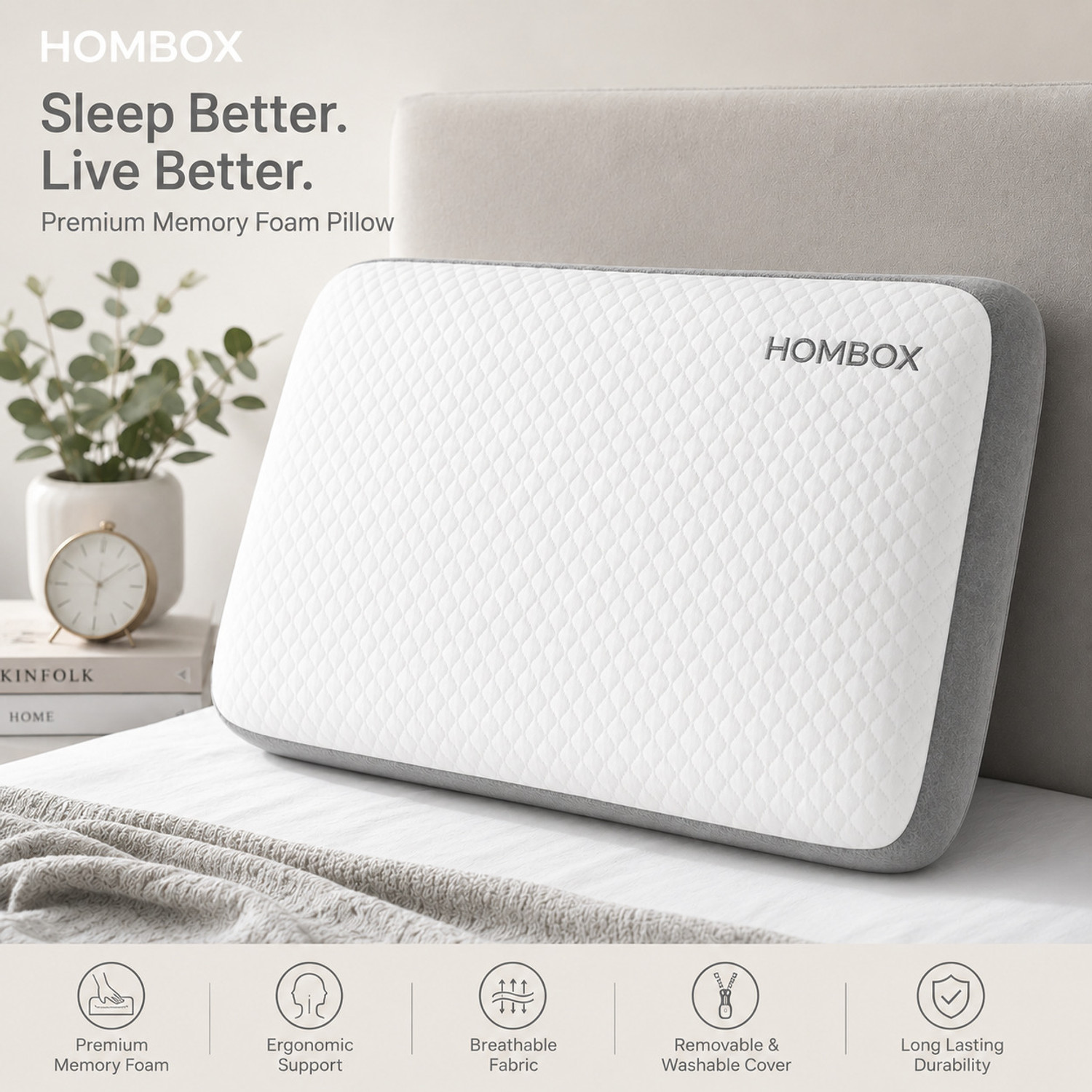 Image of HOMBOX Memory Foam Orthopaedic Pillow Pack of 1 Geometric Memory Foam Pillow (King Size)