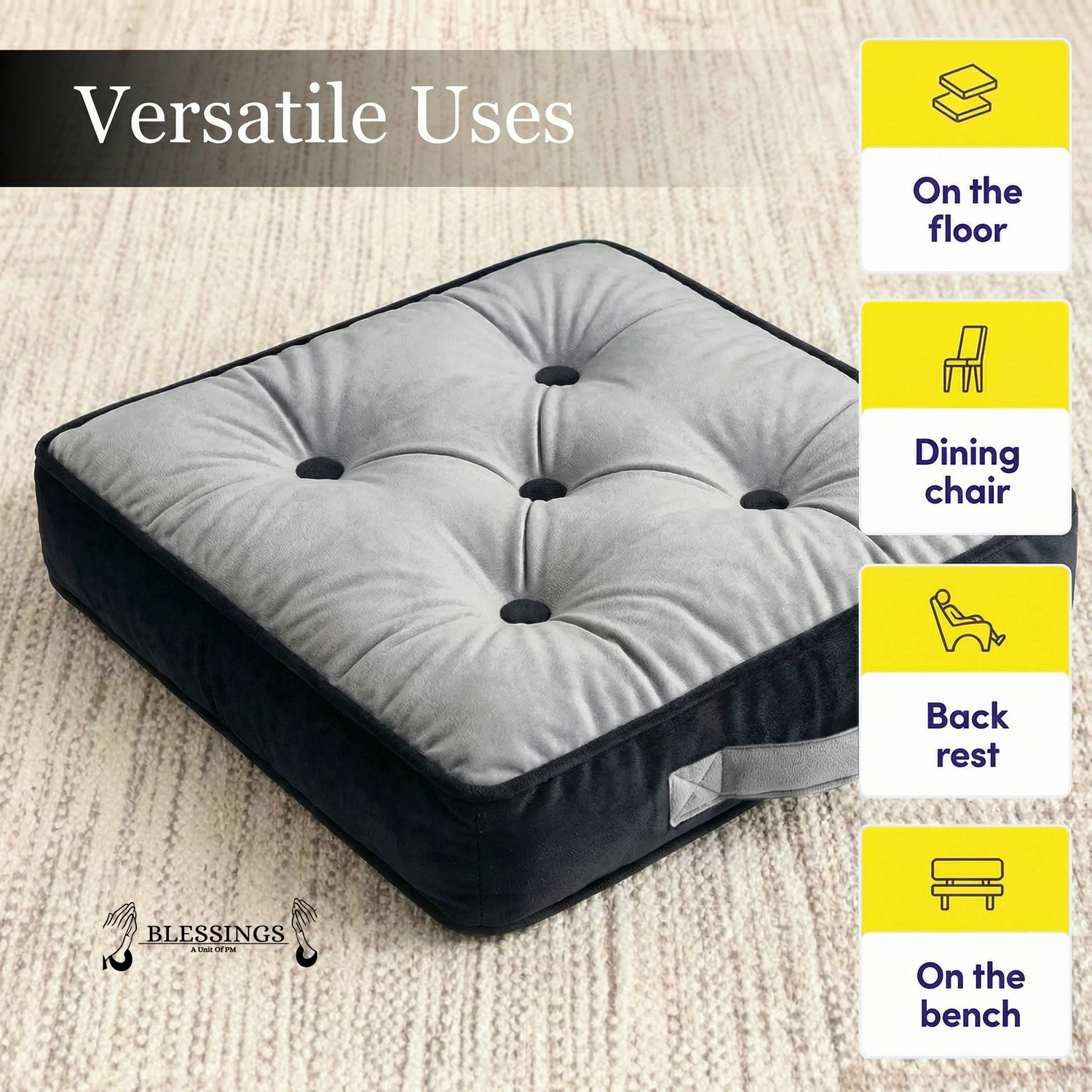 Image of BLESSINGS Microfibre Floor Cushion Pack of 1 Solid Tufed Floor Cushion (Grey)