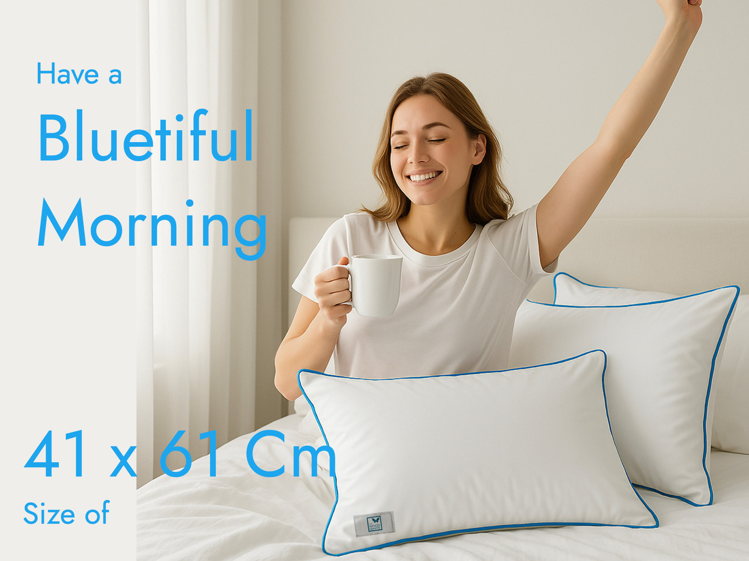 Image of THE WOOD WHITE INDIA Polyester Fibre Sleeping Pillow Pack of 2 Solid Basic White Pillow Set of 2 in 41 x 61 cm with Blue Border