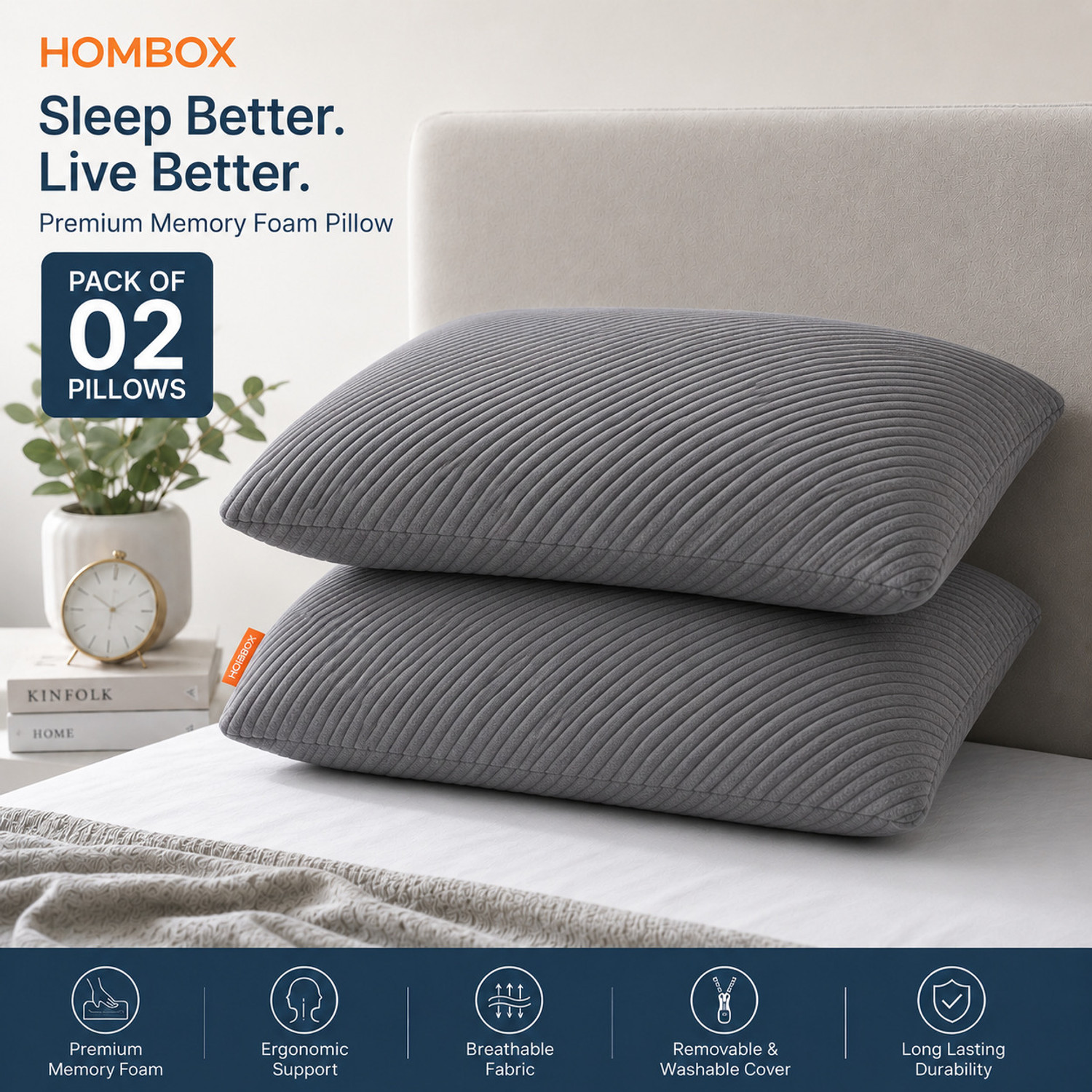 Image of HOMBOX Memory Foam Orthopaedic Pillow Pack of 2 Stripes Memory Foam King Size Pillow