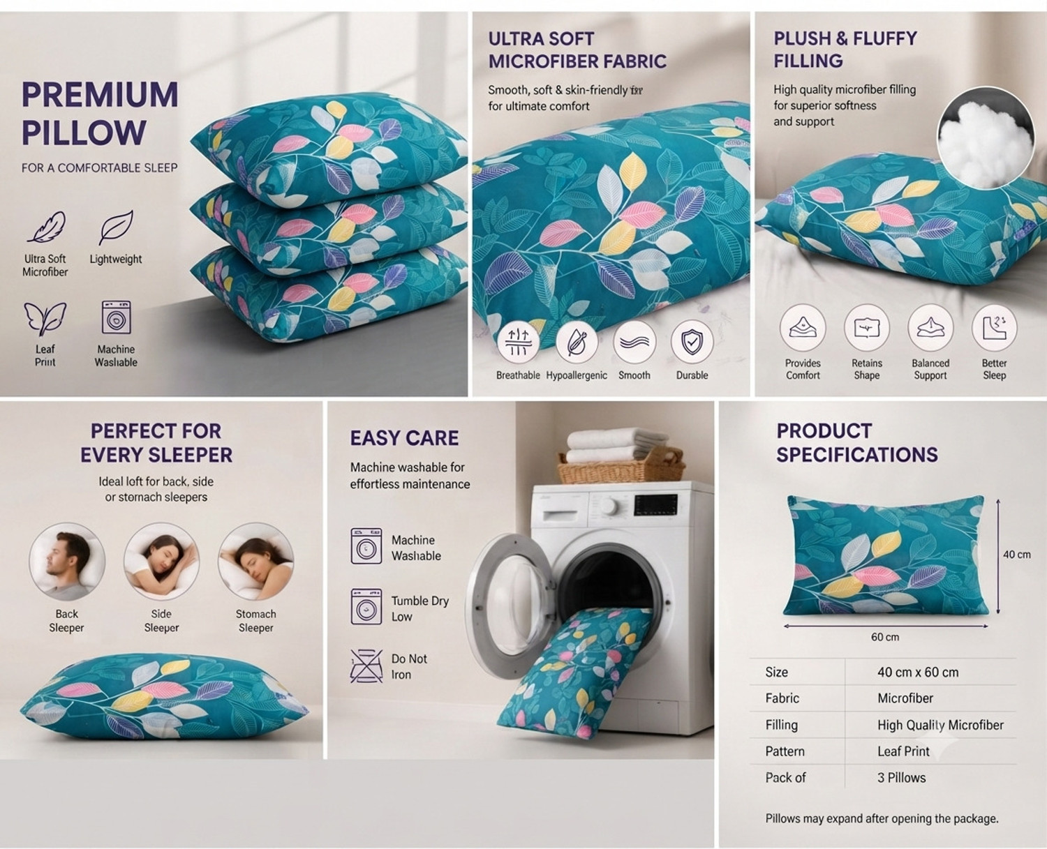 Image of Darkwild Microfibre Sleeping Pillow Pack of 4 Printed PREMIUM SLEEPING PILLOW (Multicolor)