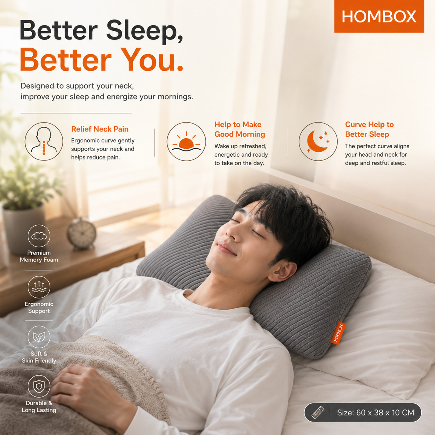 Image of HOMBOX Memory Foam Orthopaedic Pillow Pack of 1 Stripes Everyday Comfort, Better Sleep