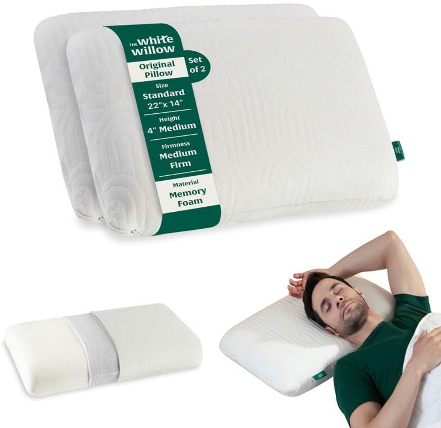 Image of The White Willow Memory Foam Sleeping Pillow Pack of 2 Solid Regular Medium Firm Orthopaedic