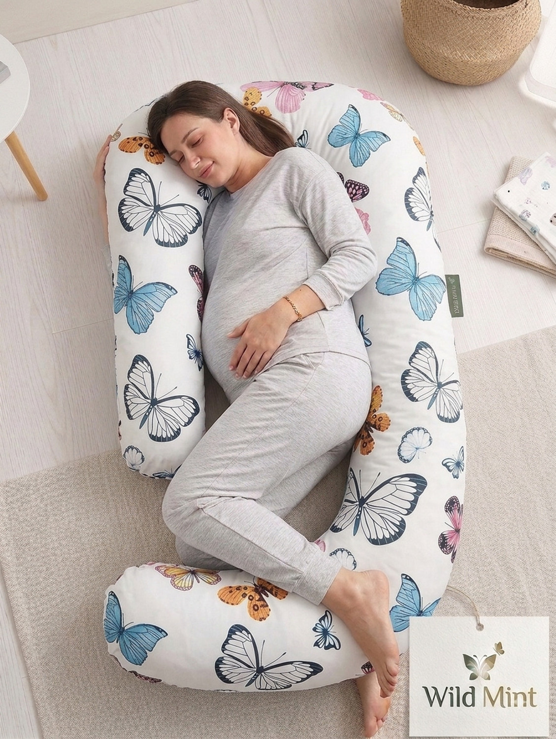 Image of WILD MINT Polyester Fibre Pregnancy Pillow Pack of 1 Birds WILDMINT PREMIUM J SHAPE PREGNANCY PILLOW