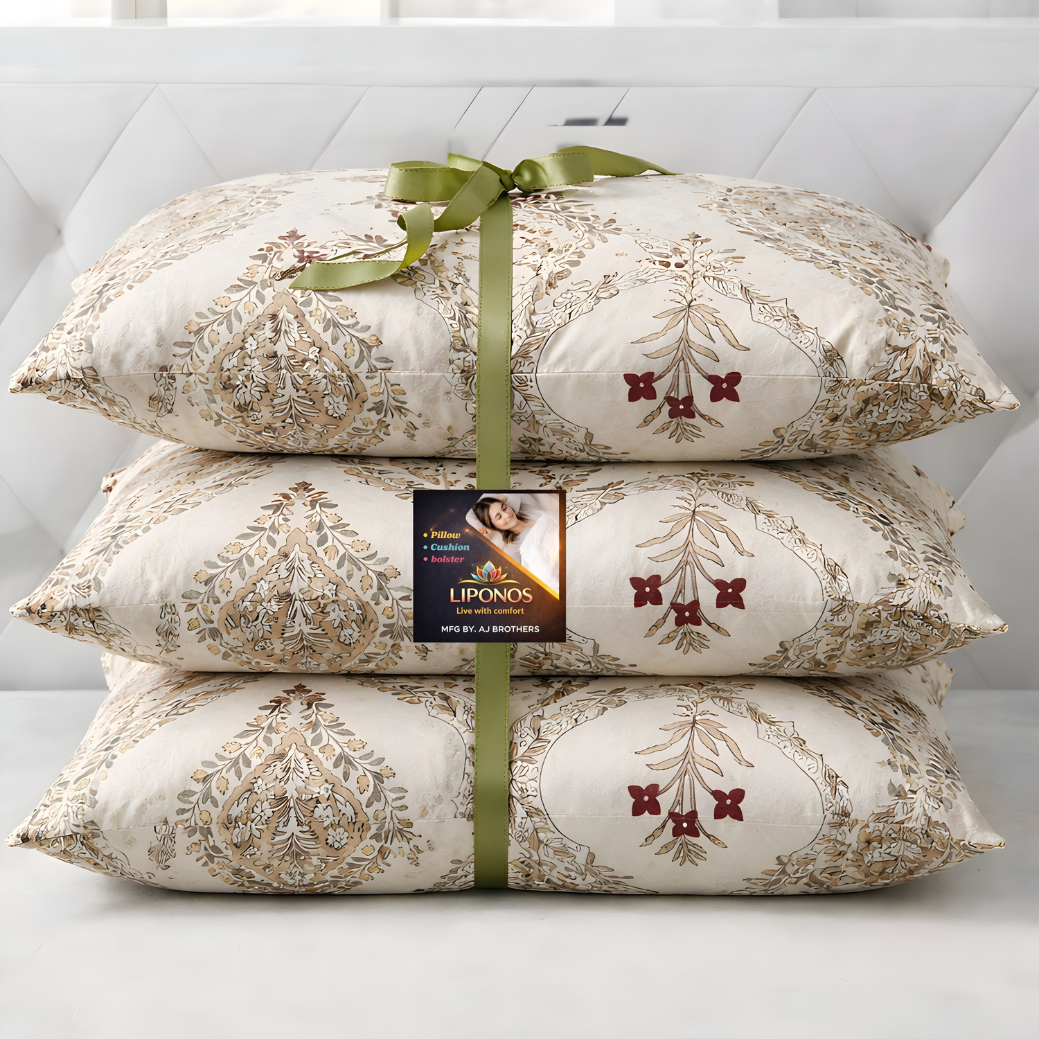 Image of LIPONOS Microfibre Sleeping Pillow Pack of 3 Floral Premium Pillow Set (Multicolor)