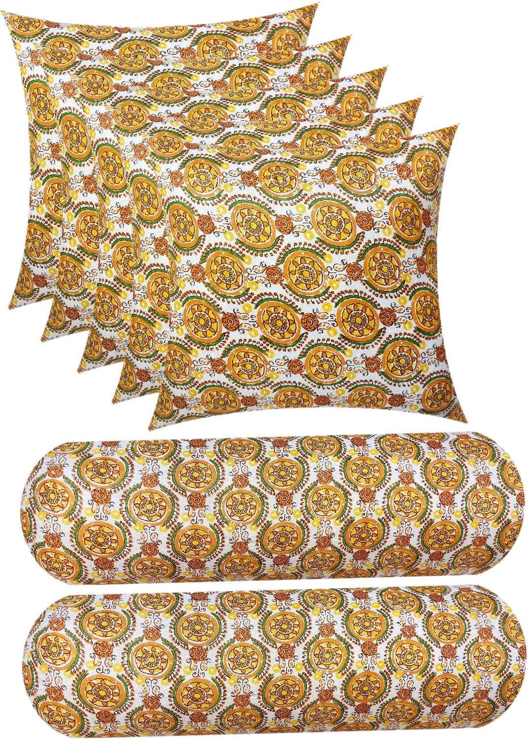 ACTOS Cotton Cushion Pack of 7 Floral Combo Set of 2 Bolster And 5