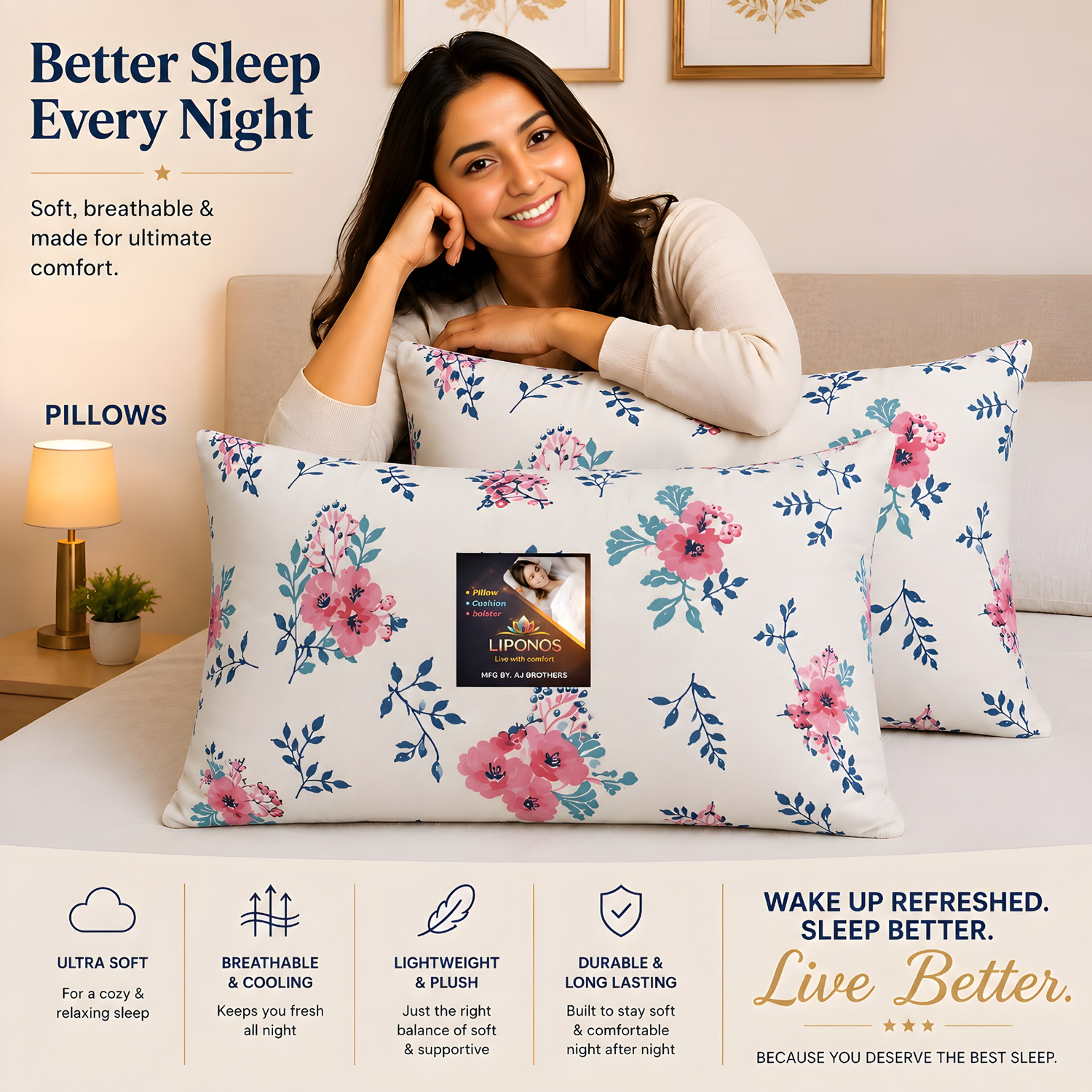 Image of LIPONOS Microfibre Sleeping Pillow Pack of 2 Floral Premium