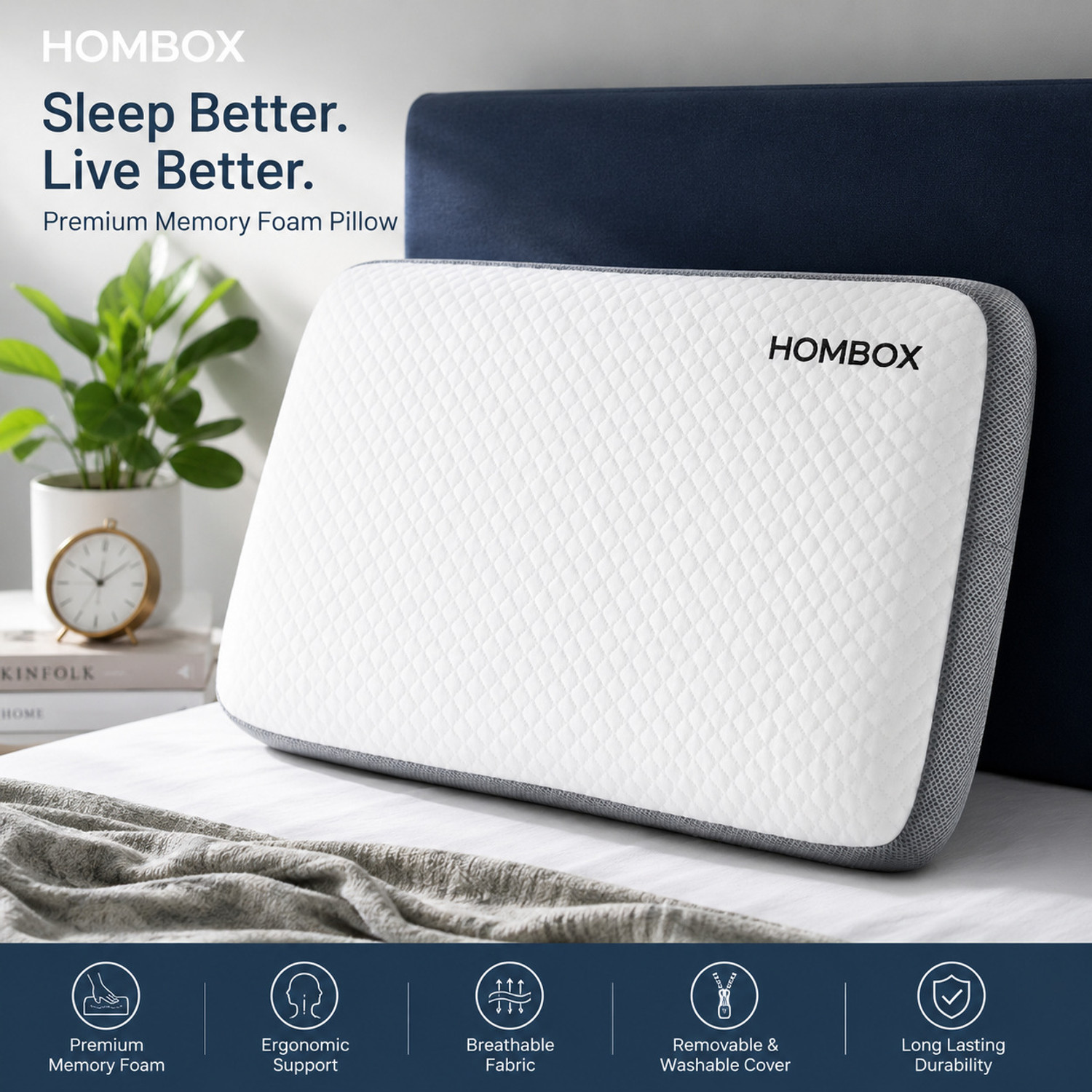 Image of HOMBOX Memory Foam Orthopaedic Pillow Pack of 1 Geometric Memory Foam Pillow (King Size)